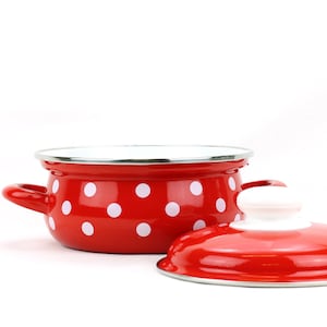 Big red enamel saucepan with dots Red big enamel pot Enamelware Skillet Stewpan vintage in the kitchen
