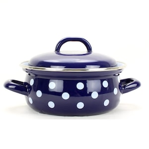 Blue enamel saucepan with dots Blue Small pot Enamelware Skillet Stewpan