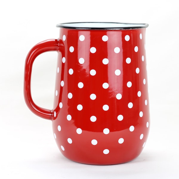 Red Enamel Jug Coffee Pot Vintage Pitcher Vase Drinkware Handmade Carafe Enamelware