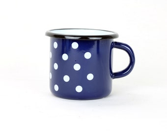 Blue Enamel Mug with Dots, Enamel kitchenware, Enamel Coffee Cup, Tea Mug