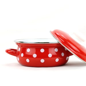Red enamel saucepan with dots Red Small pot Enamelware Skillet Stewpan