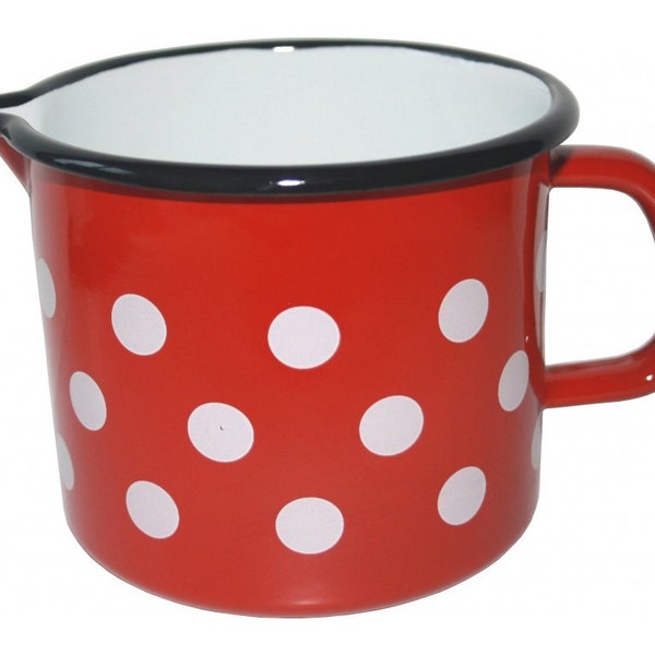 Big red enamel mug with dots for milk