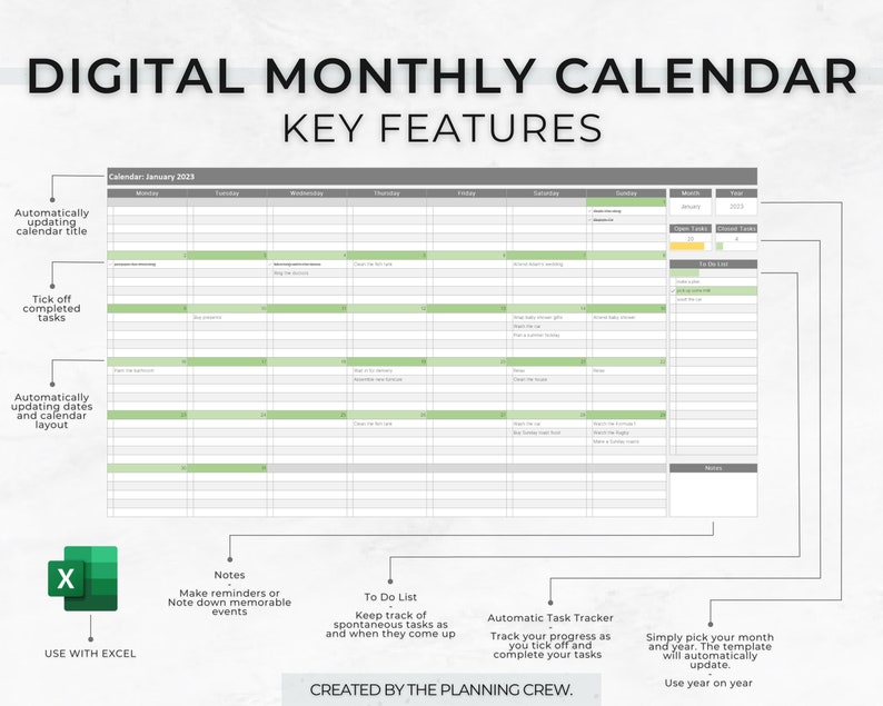 Excel Calendar Planner Editable Automated Calendar Task Manager ...