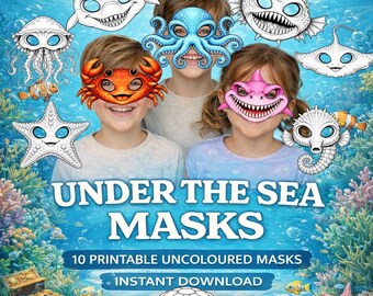 Under the Sea Masks Printable, Kids Ocean Animal Mask, Shark Birthday Party Activity, Printable Mask Kids, Costume Craft PDF