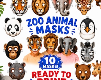 Printable Zoo Animal Masks for Kids, 10 Mask Bundle, Animal Face Masks, Animal Party Masks, Ready to Print PDF, Instant Download