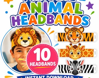 Printable Animal Headbands for Kids, Zoo Animal Headband Printable, Zoo Birthday Party Activity, 10 Coloured Headbands, Zoo Party Printable