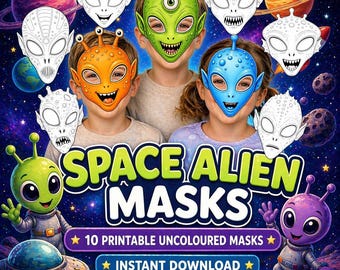 Printable alien mask for kids costume mask, space themed party creative activities, alien coloring activities animal party masks