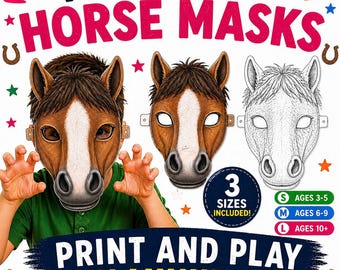 Printable Horse Masks For Kids, Farm Animal Kids Party Farm Masks,  Farm Birthday Activity, Horse Head mask pack kids ,Horse Coloring