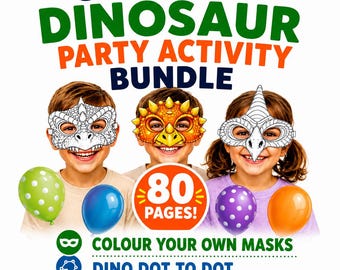 Dinosaur Party theme  80 Pages, Printable Dinosaur Masks, bold easy dinosaur coloring pages, creative activities for kids Dino coloring book