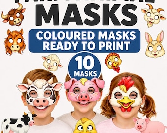 Printable Animal Masks for Kids, Farm Animal Masks, Kids Party Masks, 10 Coloured Masks, Farm Birthday Activity, Instant Download
