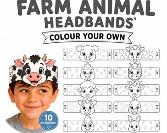 Printable Animal Headbands for Kids, Farm Animal Headbands, Kids Party Headband , 10 Colour your own Headbands, Farm Birthday Activity , PDF