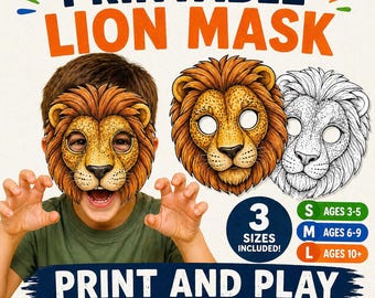 Lion Mask Printable for Kids | Animal Party Mask | Color Your Own Lion Mask | Preschool Printable Activity | Indoor Kids Craft | No Prep PDF