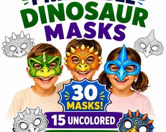 Dino Masks for Kids Printable masks, Dinosaur coloring mask , Pre-Made & Coloring Masks, Kids Dino Activities,  custom Dino masks 30 pack