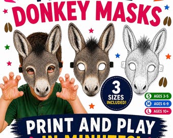 Donkey Masks Printable , Kids Party farm animal Masks,  Farm Birthday Activity,  Printable Masks For Kids Donkey Costume