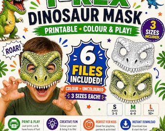 Dino T Rex Mask for Kids Printable masks, Dinosaur coloring mask T rex PNG- Dino birthday party activity Dino masks 6 pack