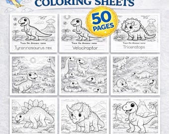Dinosaur Coloring Book – 50 Easy Coloring Pages for Kids, Dinosaur Party Theme Activity, Creative & Calm Activities, Printable Dinosaur page