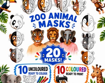 Printable Masks for Kids, Zoo Animal Masks, 20 Mask Bundle, Animal Face Masks, Printable Mask Kids, Animal Party Masks, Color your own mask