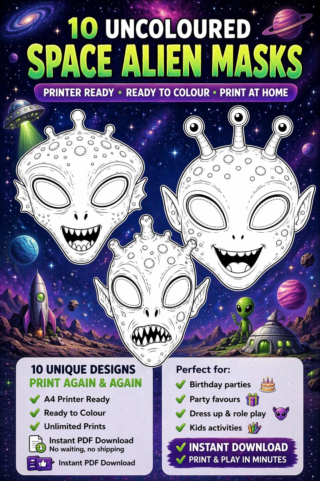 Printable Alien Mask for Kids Costume Mask, Space Themed Party Creative ...