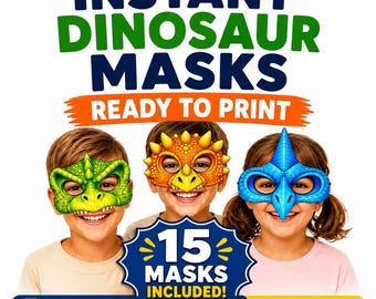 Dino Masks for Kids Printable masks, Dinosaur coloring mask , Pre-Made & Coloring Masks, Kids Dino Activities,  custom Dino masks 15 pack