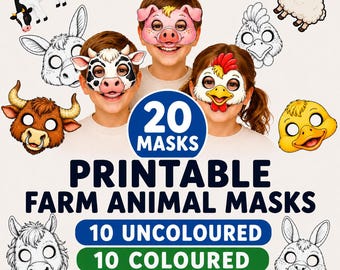 Printable Animal Masks for Kids, Farm Animal Masks, Kids Party Masks, 20 Coloured/uncoloured masks, Farm Birthday Activity, Instant Download