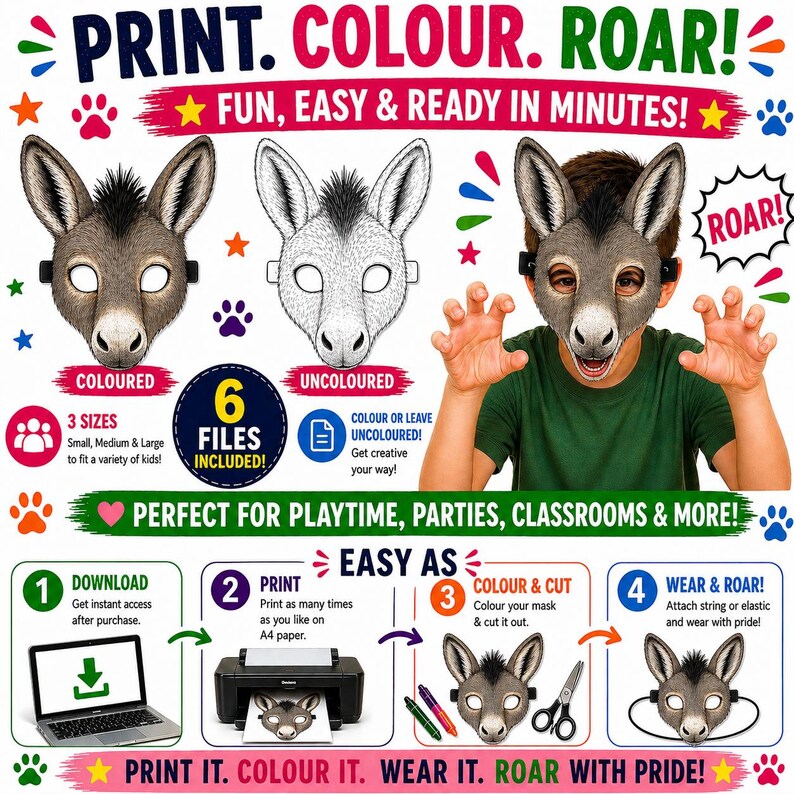 Donkey Mask Colour In Donkey Masks Printable , Kids Party Farm Animal Masks, Farm Birthday ...