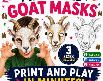 Goat Masks Printable , Kids Party farm animal Masks,  Farm Birthday Activity,  Printable Masks For Kids-Colored / Uncolored Masks- PDF