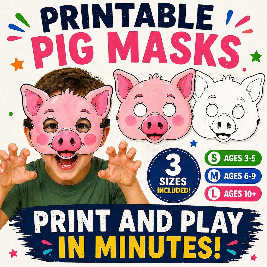 Printable Animal Masks for Kids, Pig Farm Animal Masks, Kids Party