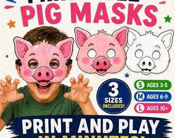 Printable Animal Masks for Kids, Pig  Farm Animal Masks, Kids Party Masks, masks, Farm Birthday Activity,  colored / uncolored mask pack
