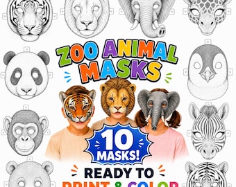 Printable Animal Masks for Kids, Zoo Animal Masks, Kids Party Masks, 10 uncoloured Masks, Zoo Birthday Activity, Instant PDF Download