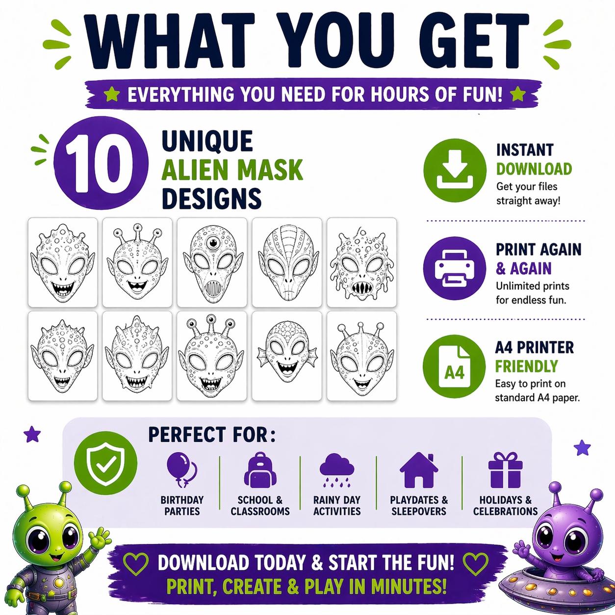 Printable Alien Mask for Kids Costume Mask, Space Themed Party Creative ...
