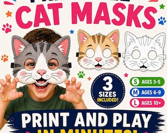 Printable Cat Masks For Kids, Farm Animal Kids Party Farm Masks,  Farm Birthday Activity, Colored / Uncolored mask pack kids ,Cat Coloring