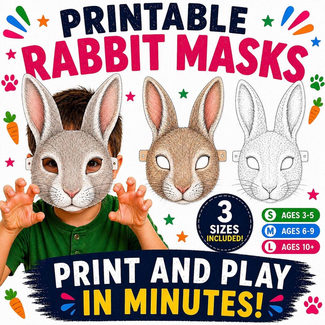 Show Me Rabbit Mask White Rabbit Mask Printable , Farm Animal Kids Party Farm Masks, Farm ...