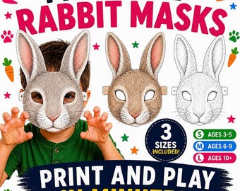 White Rabbit Mask Printable , Farm Animal Kids Party Farm Masks,  Farm Birthday Activity, Rabbit Costume coloring mask pack kids
