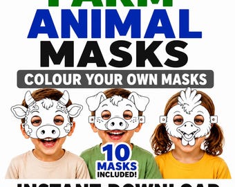 Printable Animal Masks for Kids, Farm Animal Masks, Kids Party Masks, 10 uncoloured Masks, Farm Birthday Activity, Instant Download