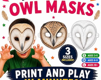 Owl Masks Printable , Kids Party farm animal Masks,  Farm Birthday Activity,  Printable Masks For Kids Owl Costume colored/uncolored masks