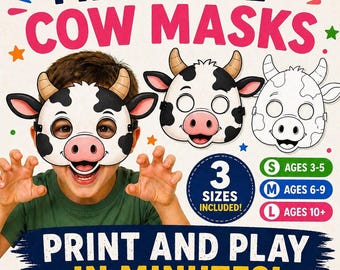 Printable Animal Masks for Kids, Cow    Mask, Kids Party farm animal Masks,  Farm Birthday Activity,  colored / uncolored mask pack kids cow