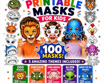 Printable Animal Masks for Kids, 100 Mask Mega Bundle-Farm Animal Masks, Kids Party Dinosaur Masks, Zoo Animal Masks, Animal party masks PDF