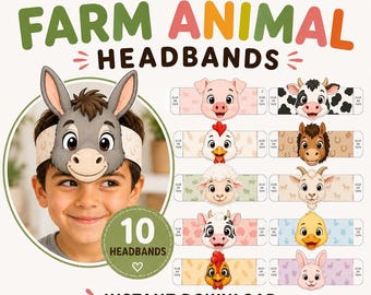 Printable Animal Headbands for Kids, Farm Animal Headband, Kids Party Headband , 10 Pre Coloured Headbands, Farm Birthday Activity, No Prep