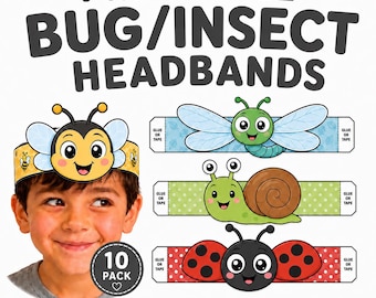 Printable Animal Headbands for Kids, Insect / Bug Headbands, Kids Party Headbands , 10 Pre Coloured Headbands, Printable Butterfly Headband