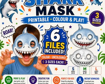 Shark Mask Printable, Printable Mask Kids, Kids Costume Mask, Shark Birthday Theme, Ocean Party Activity, Animal Mask, Shark Coloring