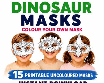 Dino Masks for Kids Printable masks, Dinosaur coloring mask , Pre-Made & Coloring Masks, Kids Dino Activities,  custom Dino masks 15 pack