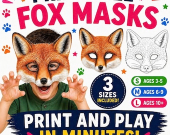 Fox Mask Printable , Kids Party farm animal Masks,  Farm Birthday Activity,  Printable Masks For Kids-Colored / Uncolored Masks PDF download