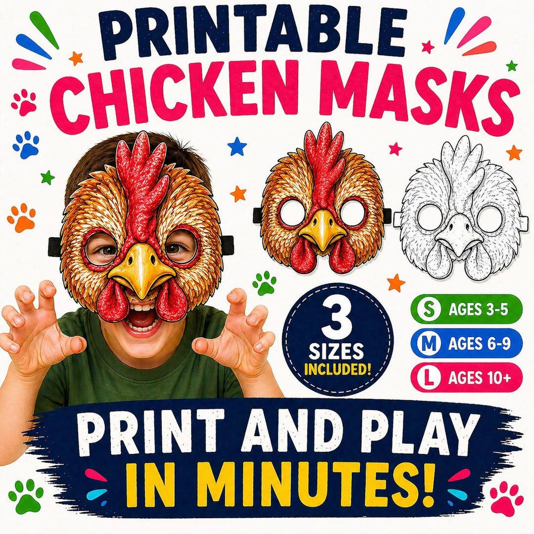 Printable Chicken Mask, Animal Masks for Kids, Kids Party Farm Animal ...
