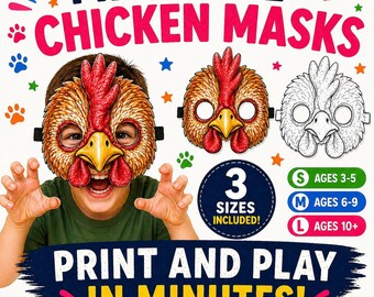 Printable Chicken Mask,  Animal Masks for Kids, Kids Party farm animal Masks printable, colored / uncolored mask pack instant PDF download