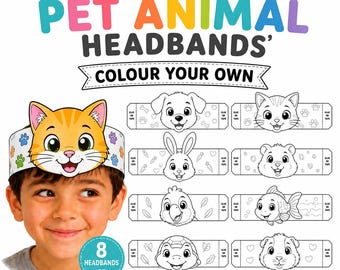 Printable Animal Headbands for Kids, Pet Animal Headbands, Kids Party Headband , 8 Colour your own Headbands, Animal Birthday Activity ,PDF