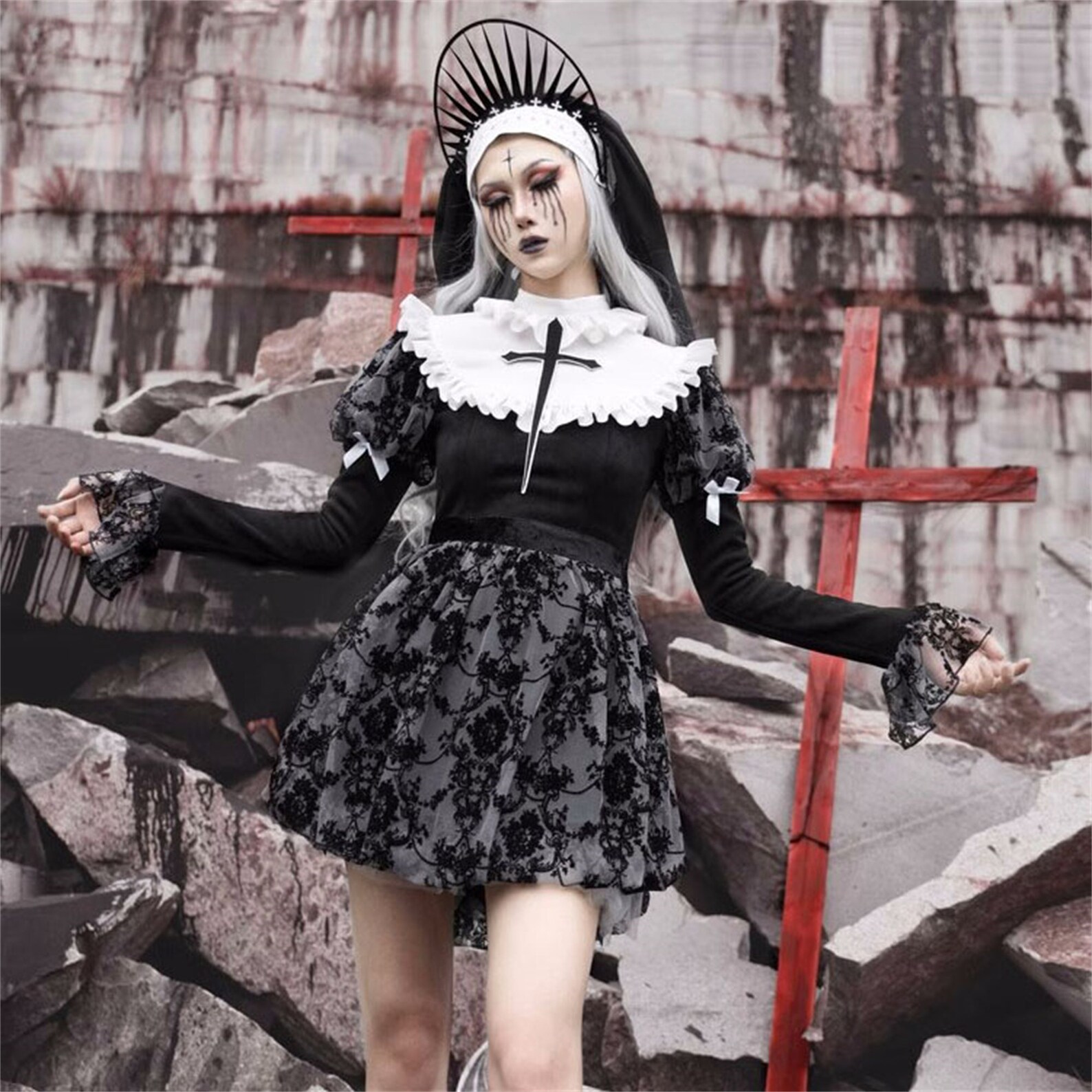 Smiffy's Gothic Nonne Kostüm – Mit Kleid & Kopfstück, Größe L (40-42)