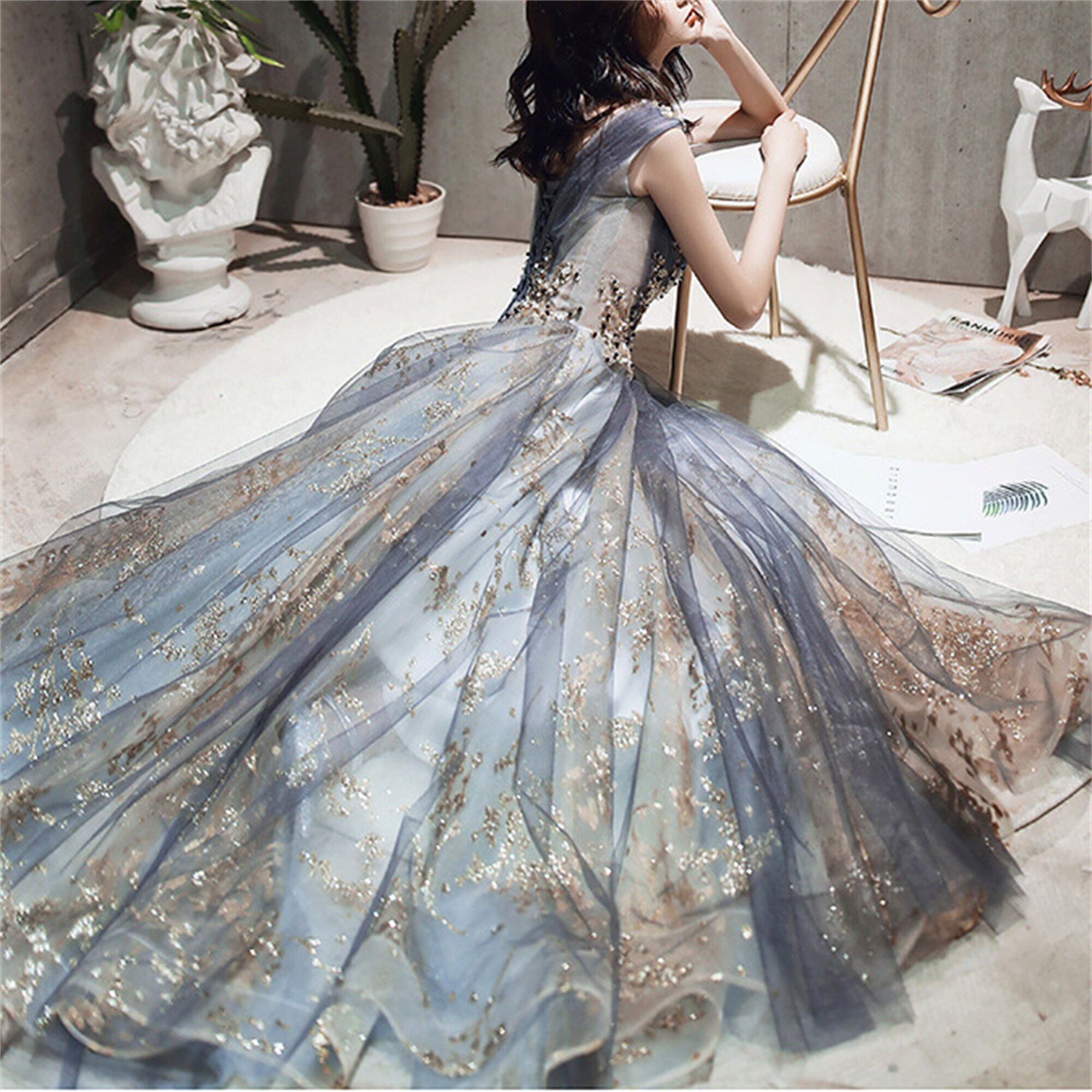 Rhinestone Sequins Evening Prom Dress Embroidered Tulle Prom - Etsy