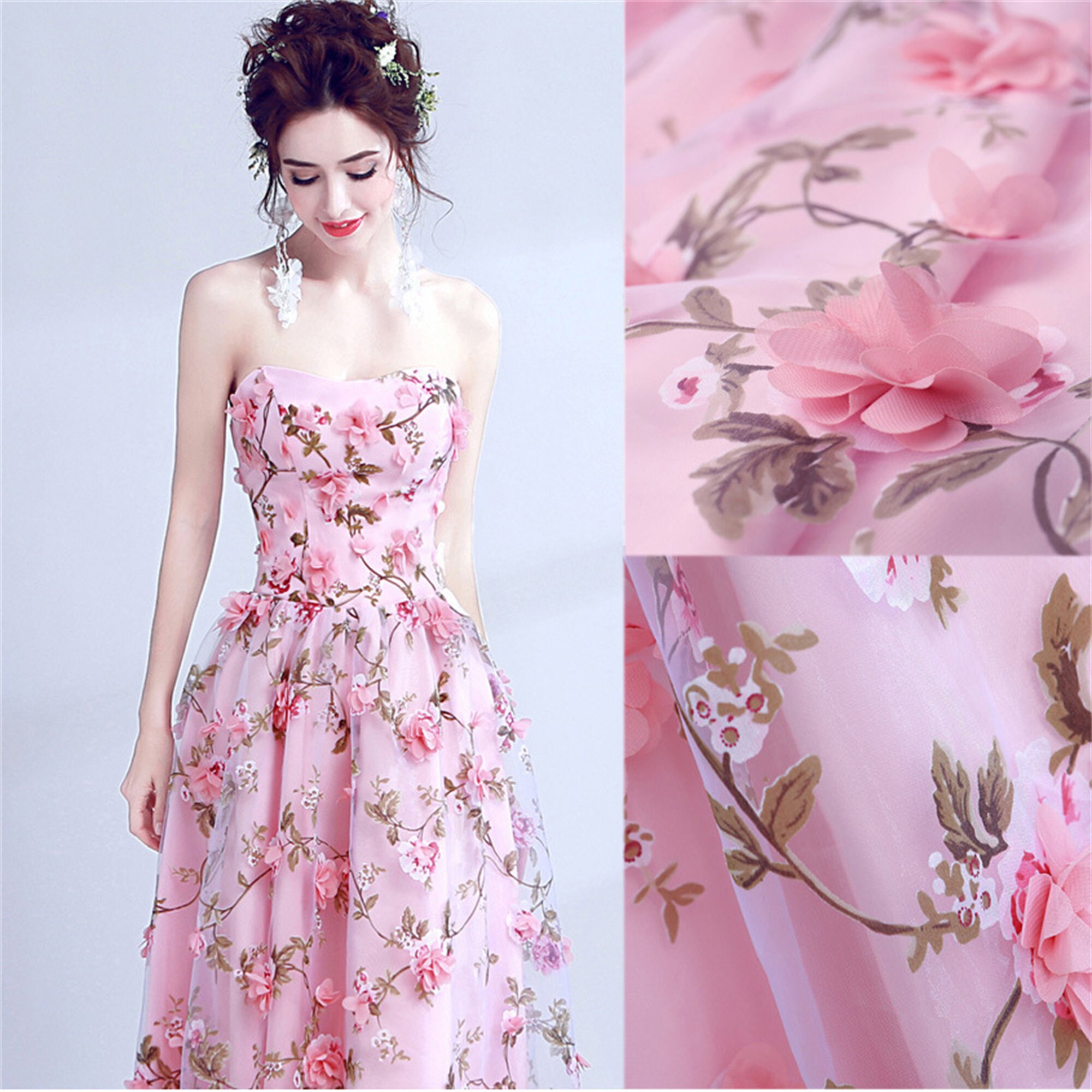 Pink Flower Lace Tulle Prom Dress Elegant Floral Long Prom Etsy