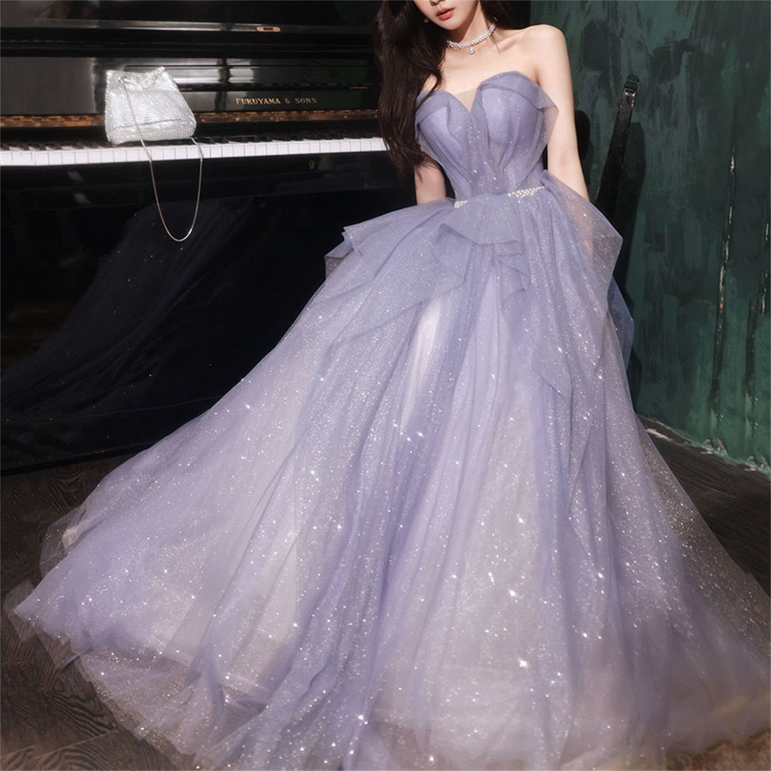 8722 Purple Tulle Sleeves Shimmer Dress