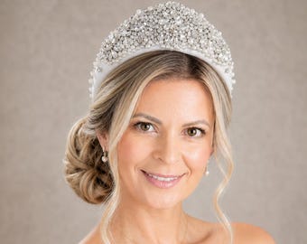 Bridal Crystal Pearl Padded Fascinator Headband White Silk Wedding Crown Tiara Hair Accessory Gift
